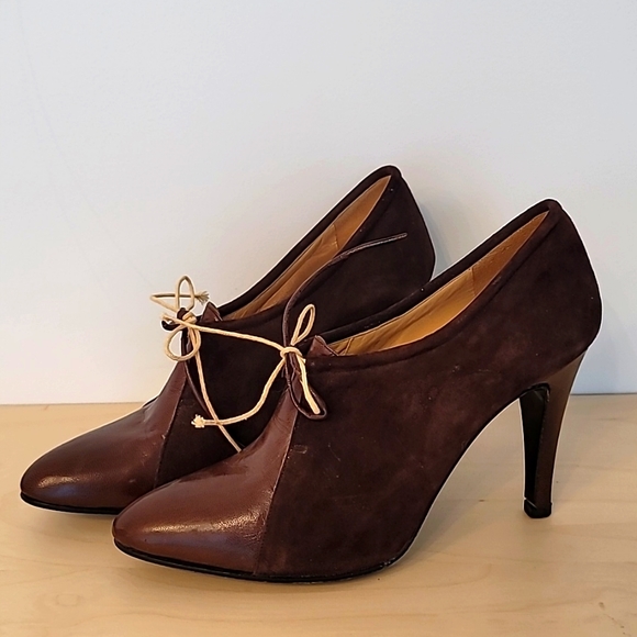 CELIN Brown Leather/Suede Vintage Heels    Ankle Booties Size 37.5 - Picture 3 of 8